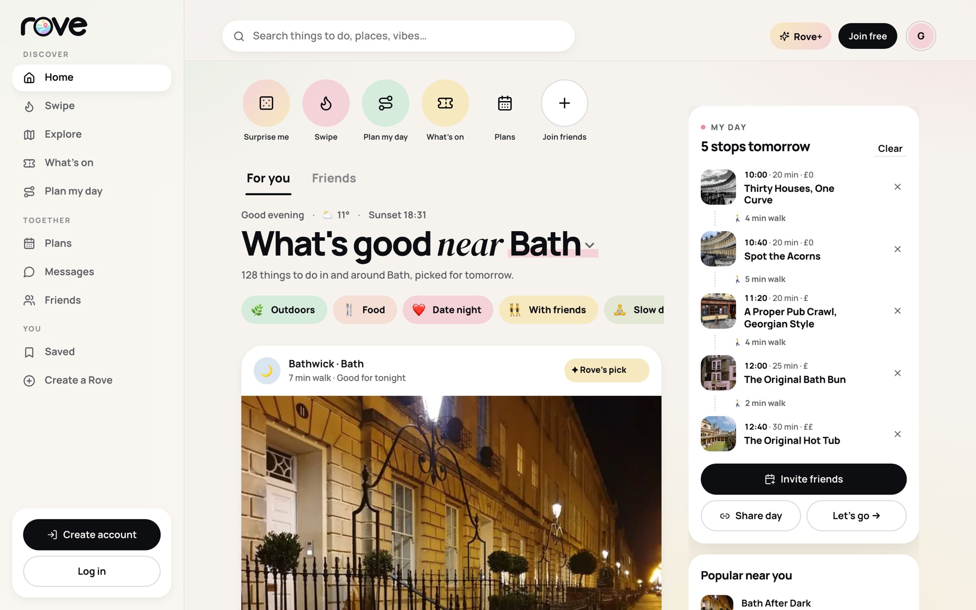 Rove web app home: things to do near you, with My day planned on the right