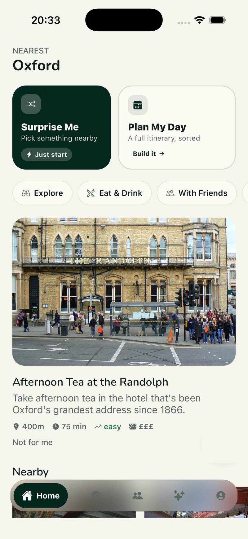 The ROVE app home screen, showing a nearby quest and quick-start options