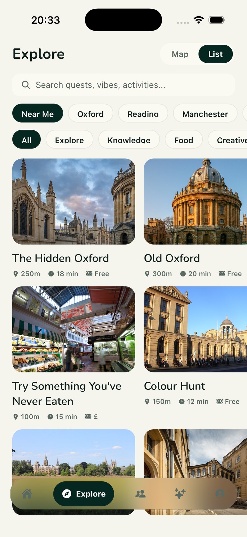 The ROVE Explore list view of nearby quests